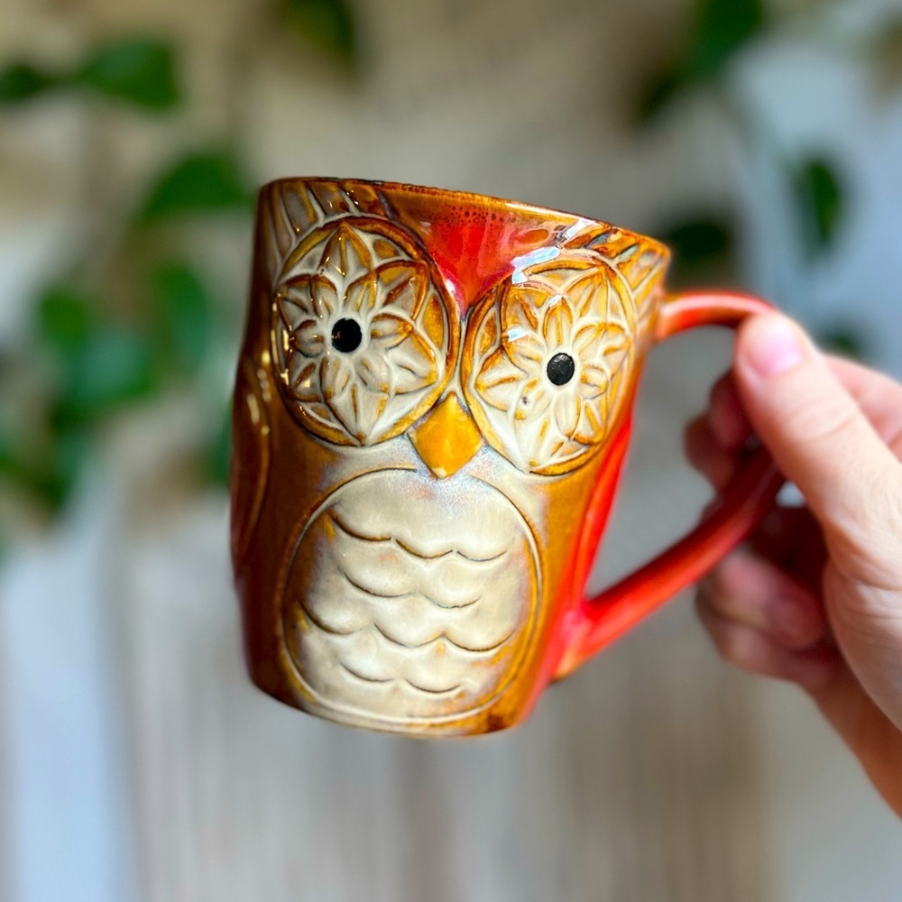 Elite Couture Owl Mug Red & Orange Gradient Embossed Ceramic Cottagecore Rustic